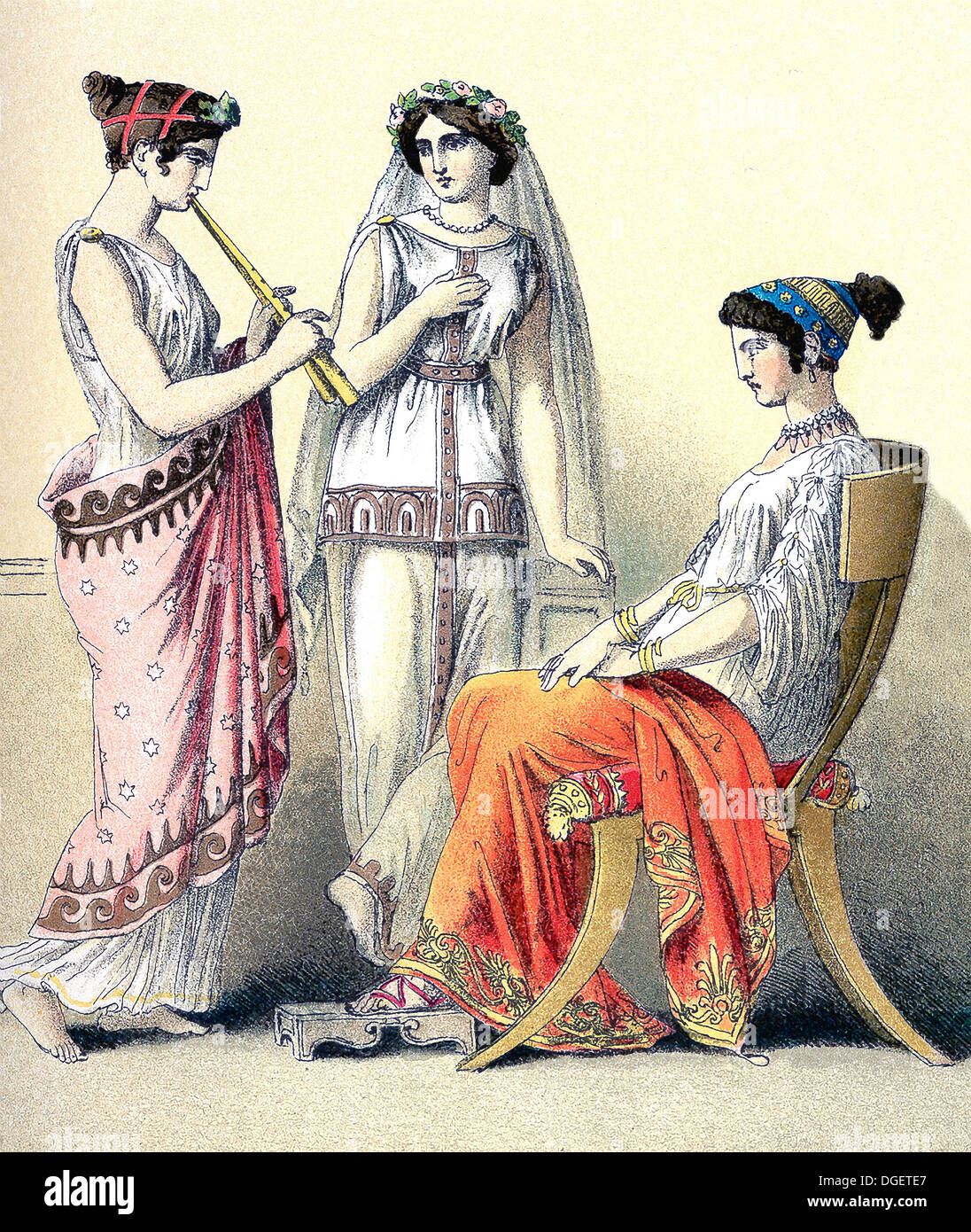 Die Abbildungen zeigen die griechischen Frauen, von links nach rechts: Flötenspieler und zwei Frauen aus der Oberschicht. Stockfoto
