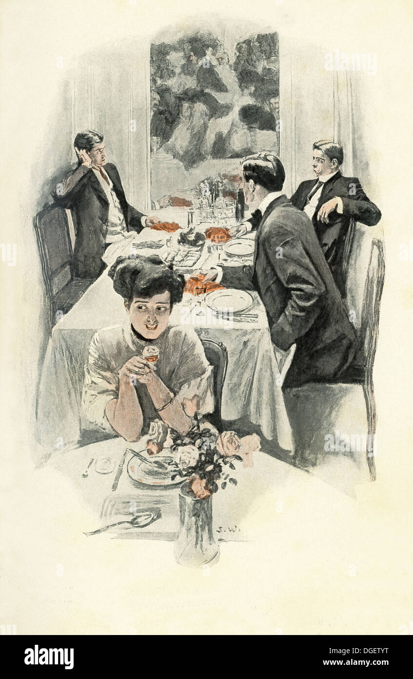 Englische Männer und Frauen sitzen am Tisch in einem Restaurant in den 1890er Jahren der viktorianischen Zeit. Stockfoto