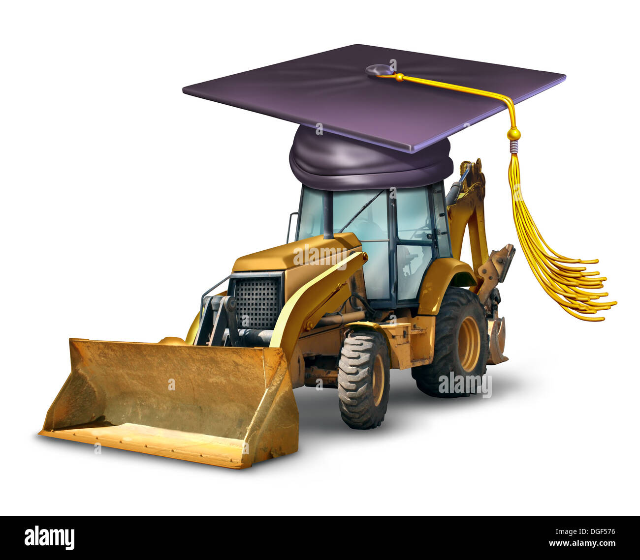 Bauschule und Industriemaschinen Gerätetraining mit einem Bulldozer tragen eine Graduation Cap oder Mörtel Board als Symbol der beruflichen Entwicklung in architektonischen Bauwerken. Stockfoto