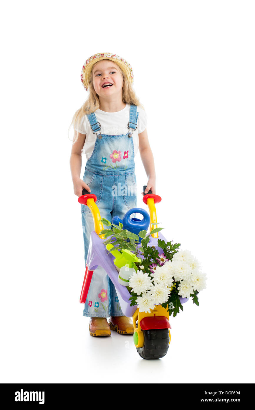 Kind Mädchen mit Topfblumen und Gartengeräte isoliert Stockfoto