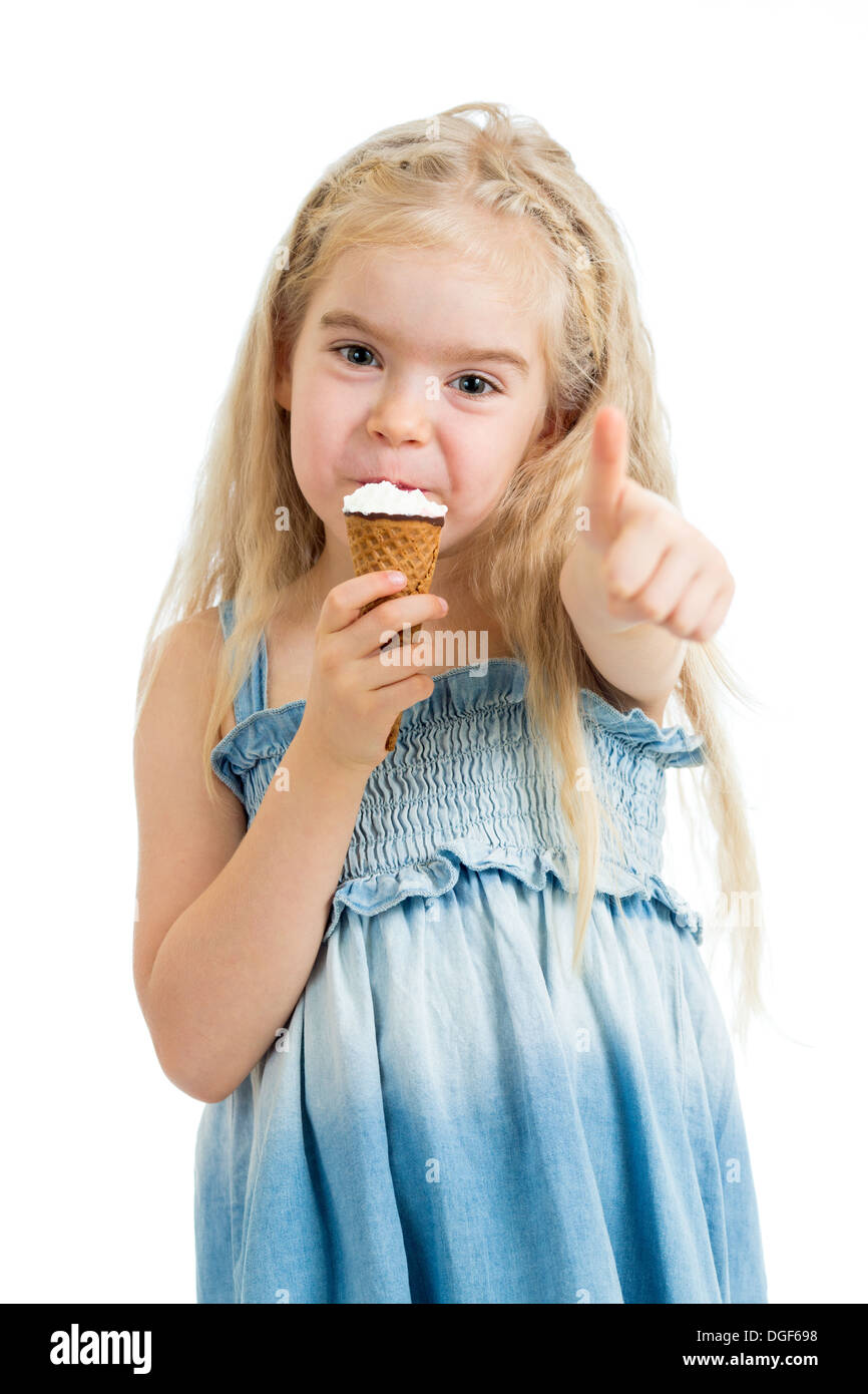 Kind, Eis essen und Ordnung Anzeichen Stockfoto