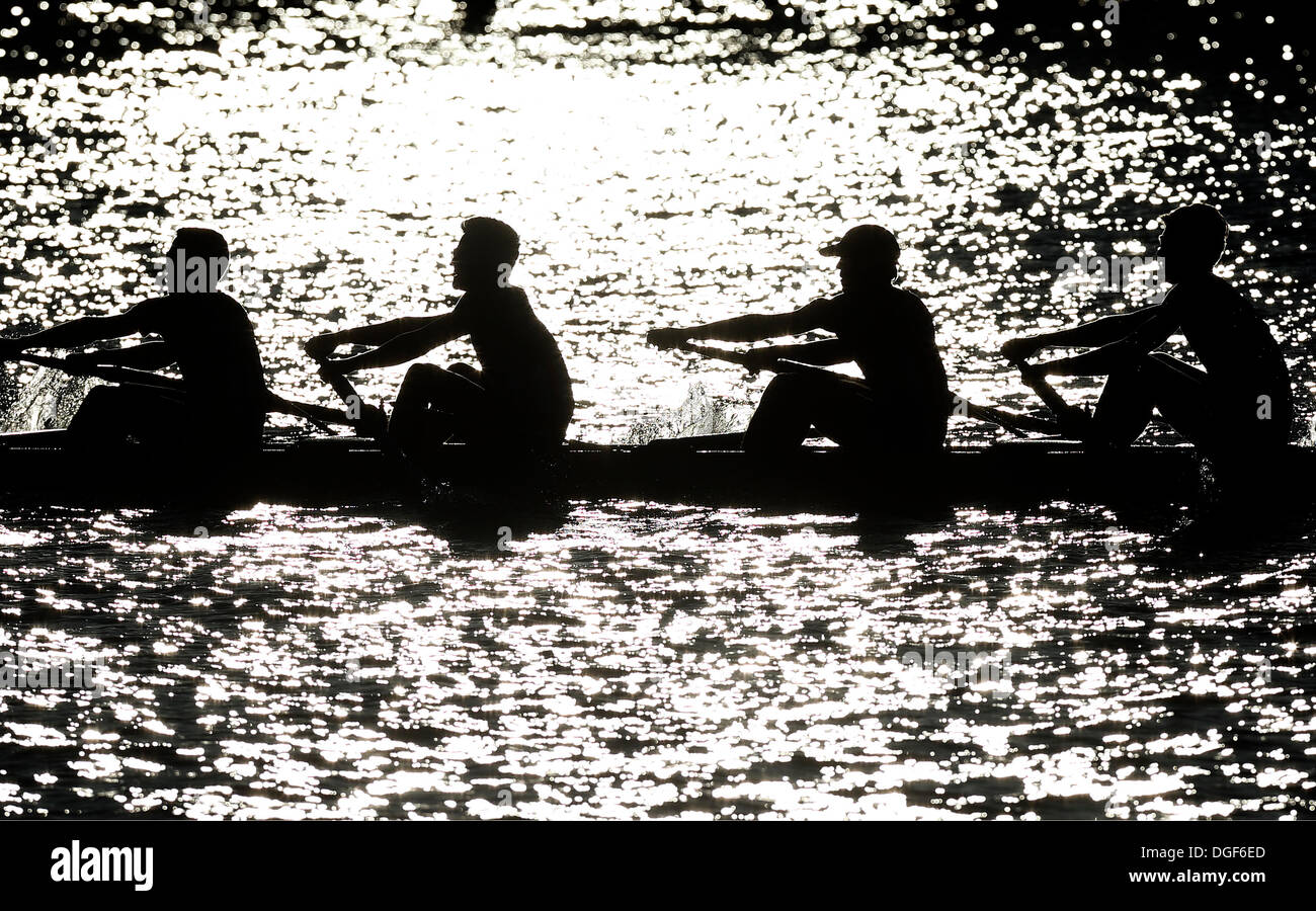 Cambridge, Massachusetts, USA, 20. Oktober 2013. Ein Männer Achter Team ist in der späten Nachmittagssonne Silhouette, während die Leiter der Charles Regatta in Cambridge, Massachusetts, Sonntag, 20. Oktober 2013. Stockfoto