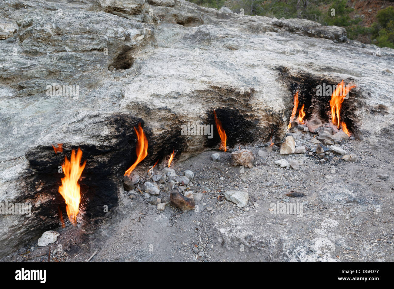 Ewige Flammen, Chimaira, Kemer, Lykien, Provinz Antalya, Türkei Stockfoto
