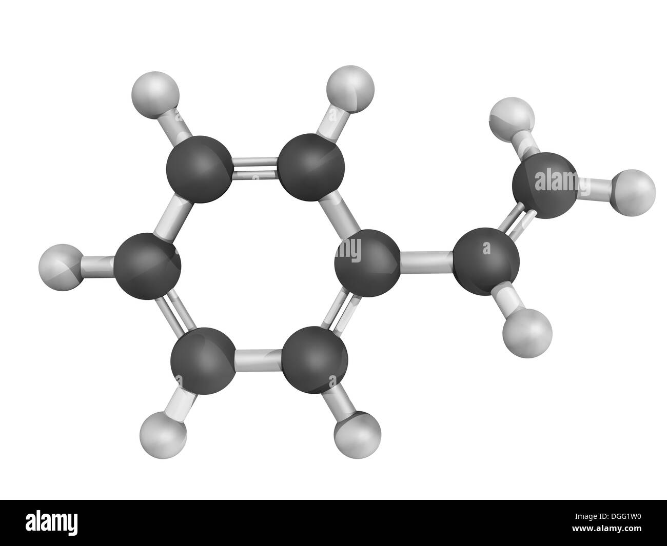 Chemische Struktur von Styrol (Vinyl Benzol), Polystyrol (PS) Kunststoff Baustein. Stockfoto