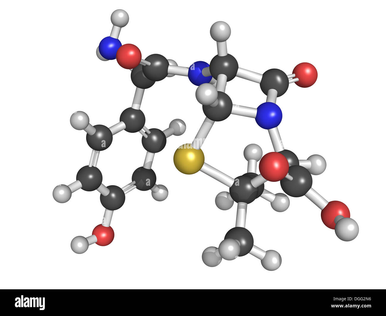 Amoxicillin Beta-Lactam-Antibiotika Medikament, chemische Struktur. Atome werden als Kugeln mit konventionellen Farbkodierung dargestellt. Stockfoto