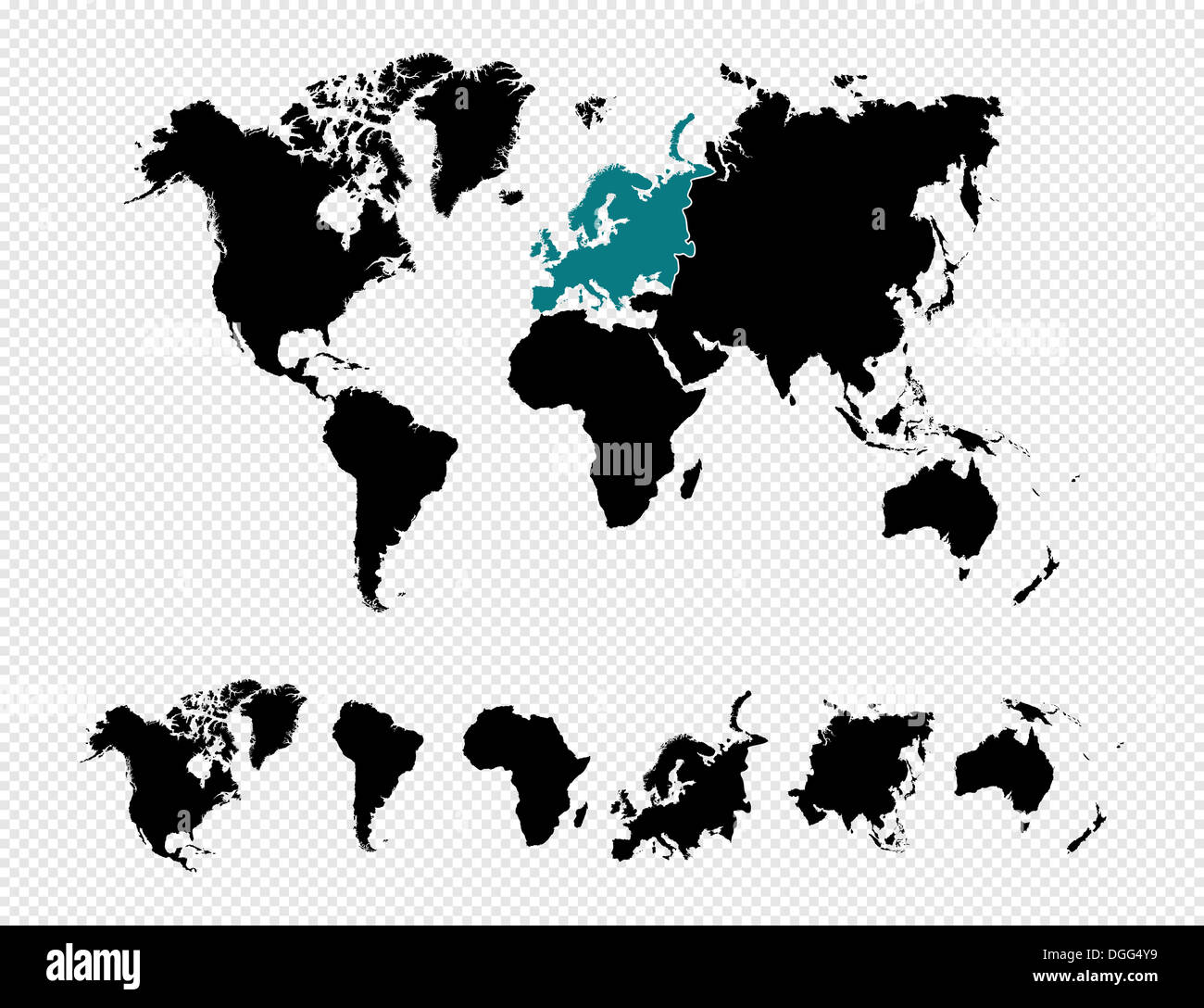 Schwarze Silhouette isoliert Weltkarte konzentriert in Europa Stockfoto
