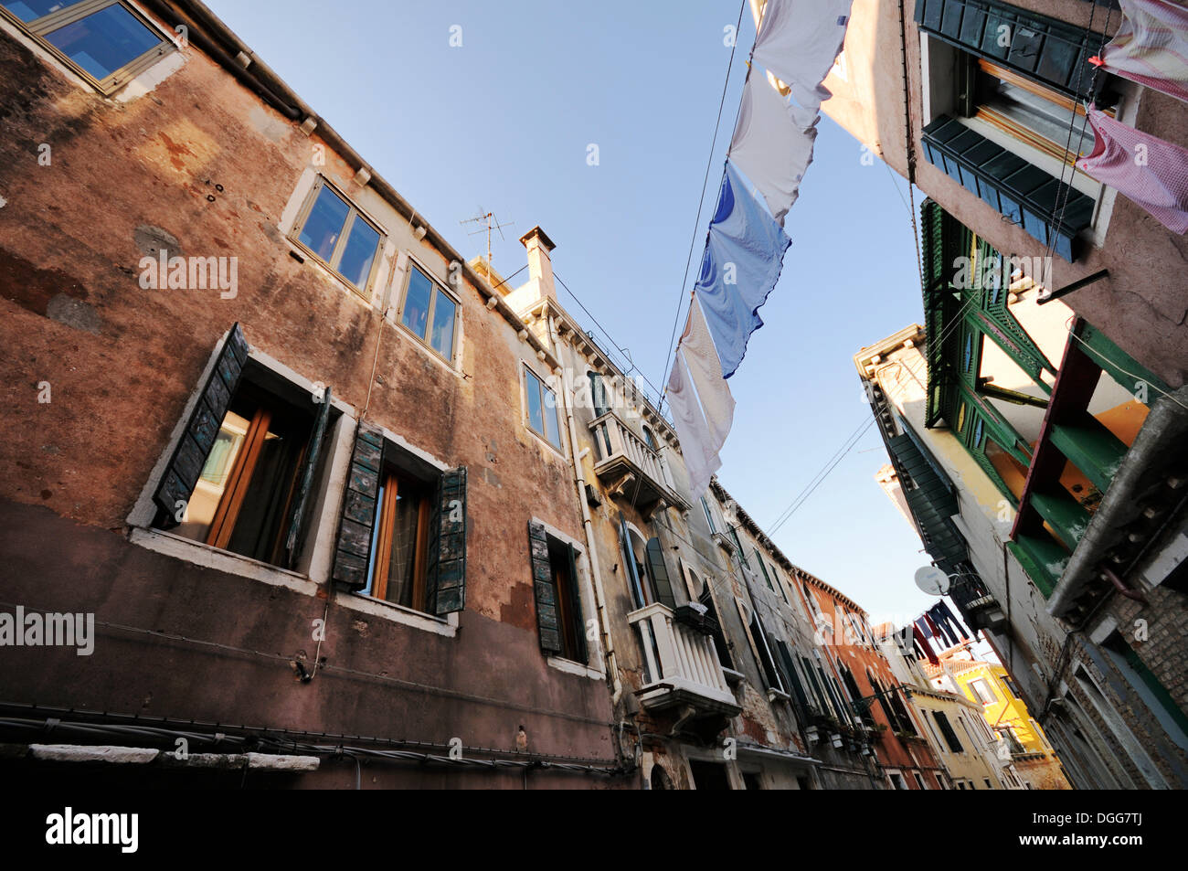 Häuser stehen dicht beieinander mit Wäscheständer an Wäscheleinen gespannt zwischen ihnen, Castello, Venedig, Venezia, Veneto, Italien Stockfoto