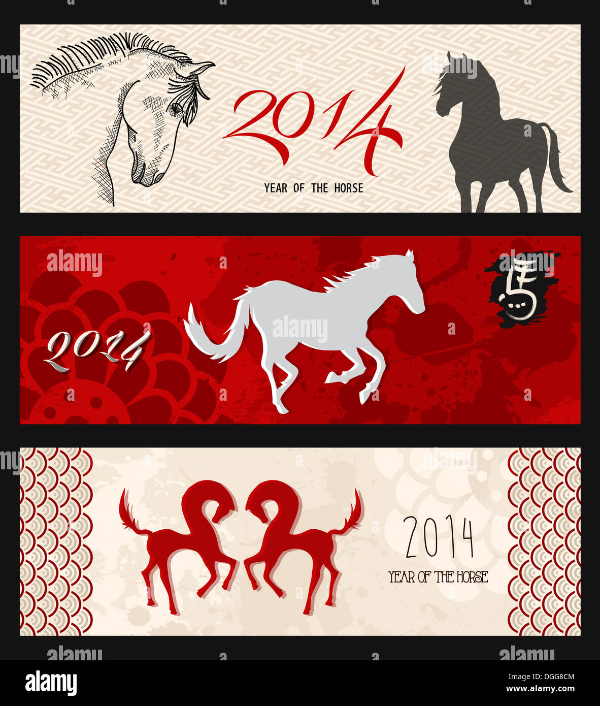 Chinesisches Neujahr 2014 der Pferd Webbanner gesetzt. EPS10 Vector mit Transparenz. Stockfoto