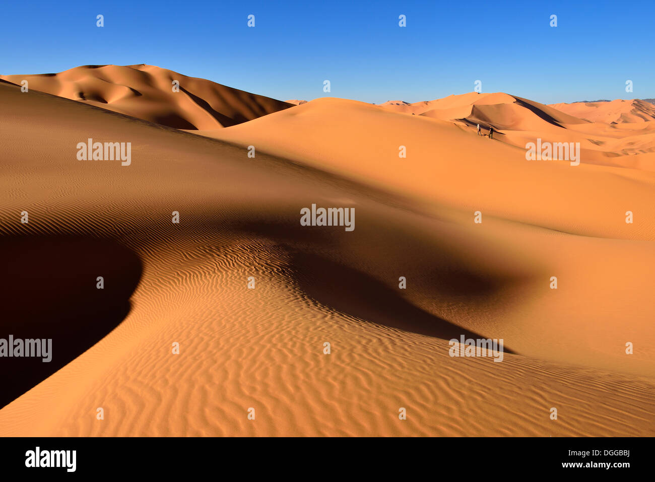 Menschen zu Fuß auf einer Sanddüne, Sahara, Immidir oder Mouydir, Erg Mehejibad, Provinz Tamanrasset, Algerien Stockfoto