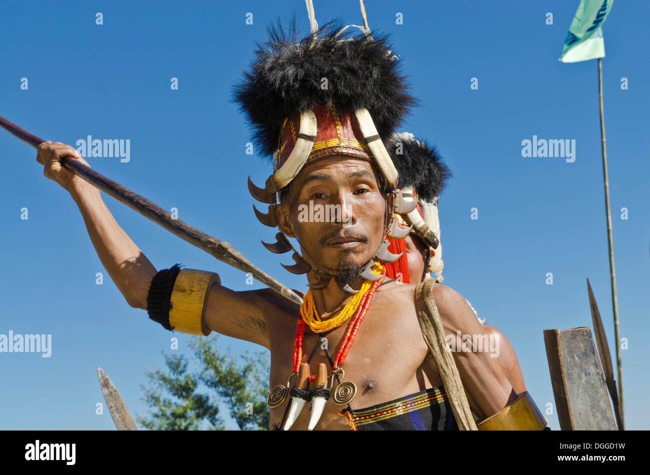 Konyak Krieger in voller Montur an Hornbill Festival, Kohima, Indien, Asien Stockfoto