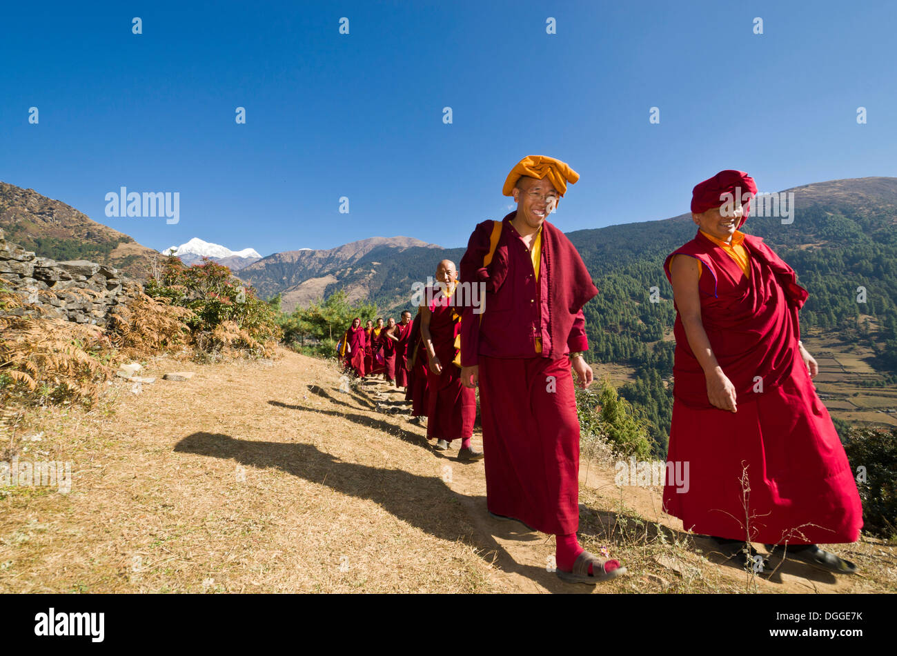 Mönche und Nonnen tragen rote Tücher zu Fuß auf einem schmalen Pfad entlang einem Berg Hang, Junbesi, Solukhumbu Bezirk Stockfoto