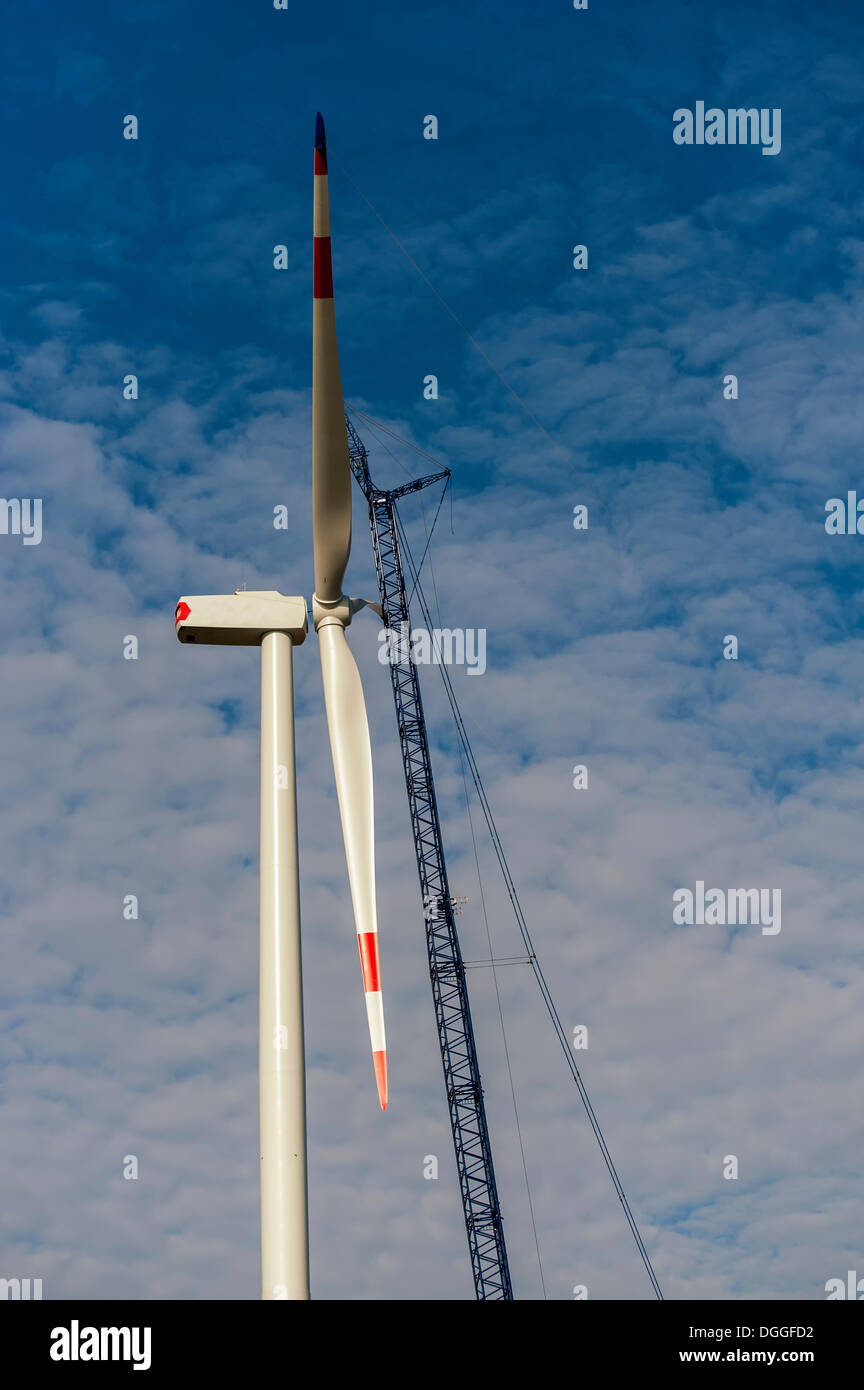 Rotorblätter einer Windkraftanlage vor die Generator-Gondel, Grevenbroich, Nordrhein-Westfalen Stockfoto
