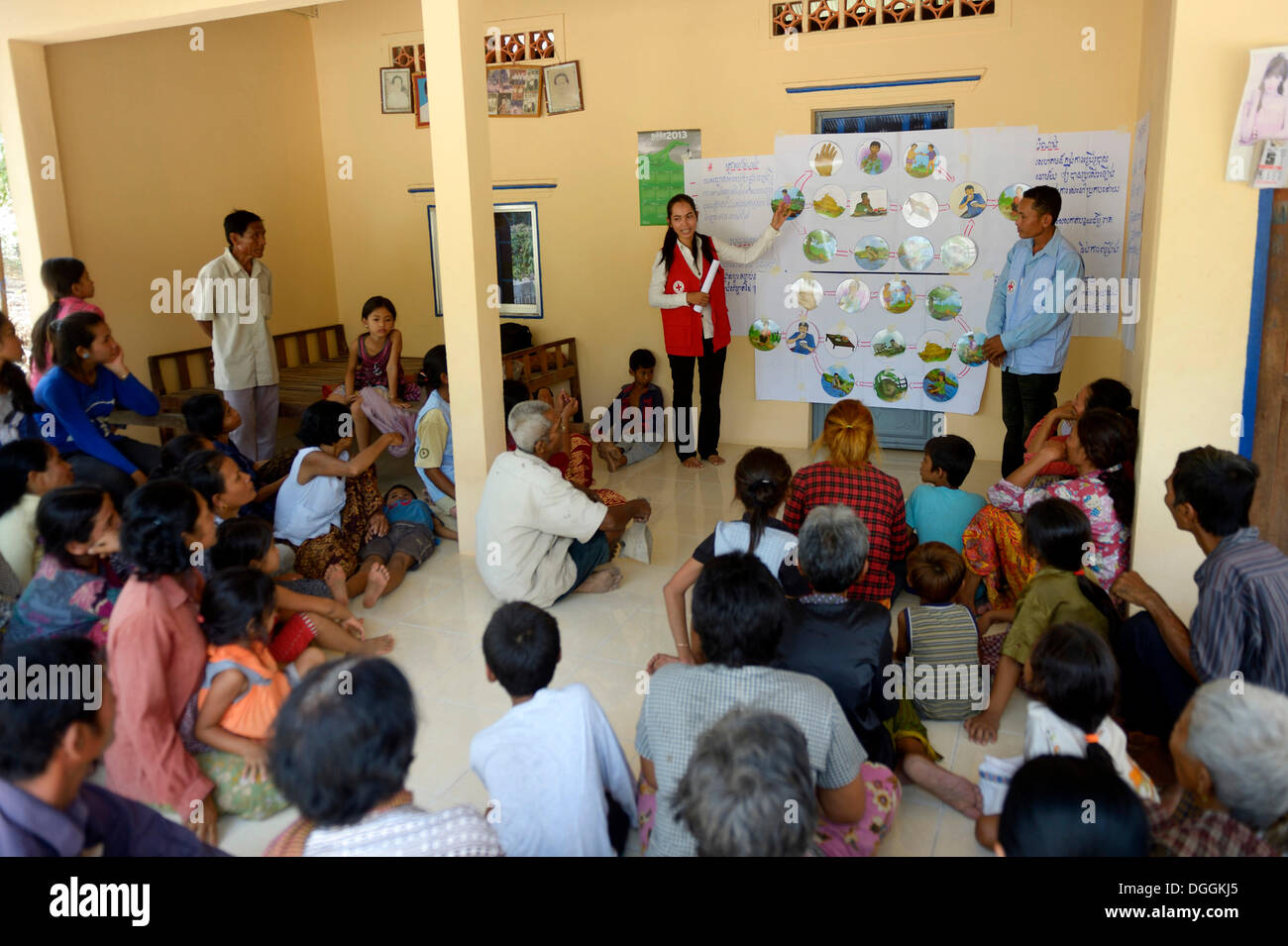 Dorfbewohner, die Teilnahme an der Hygieneschulung geführt von einer Hilfsorganisation mit Illustrationen zur Anzeige von Ursachen und folgen Stockfoto