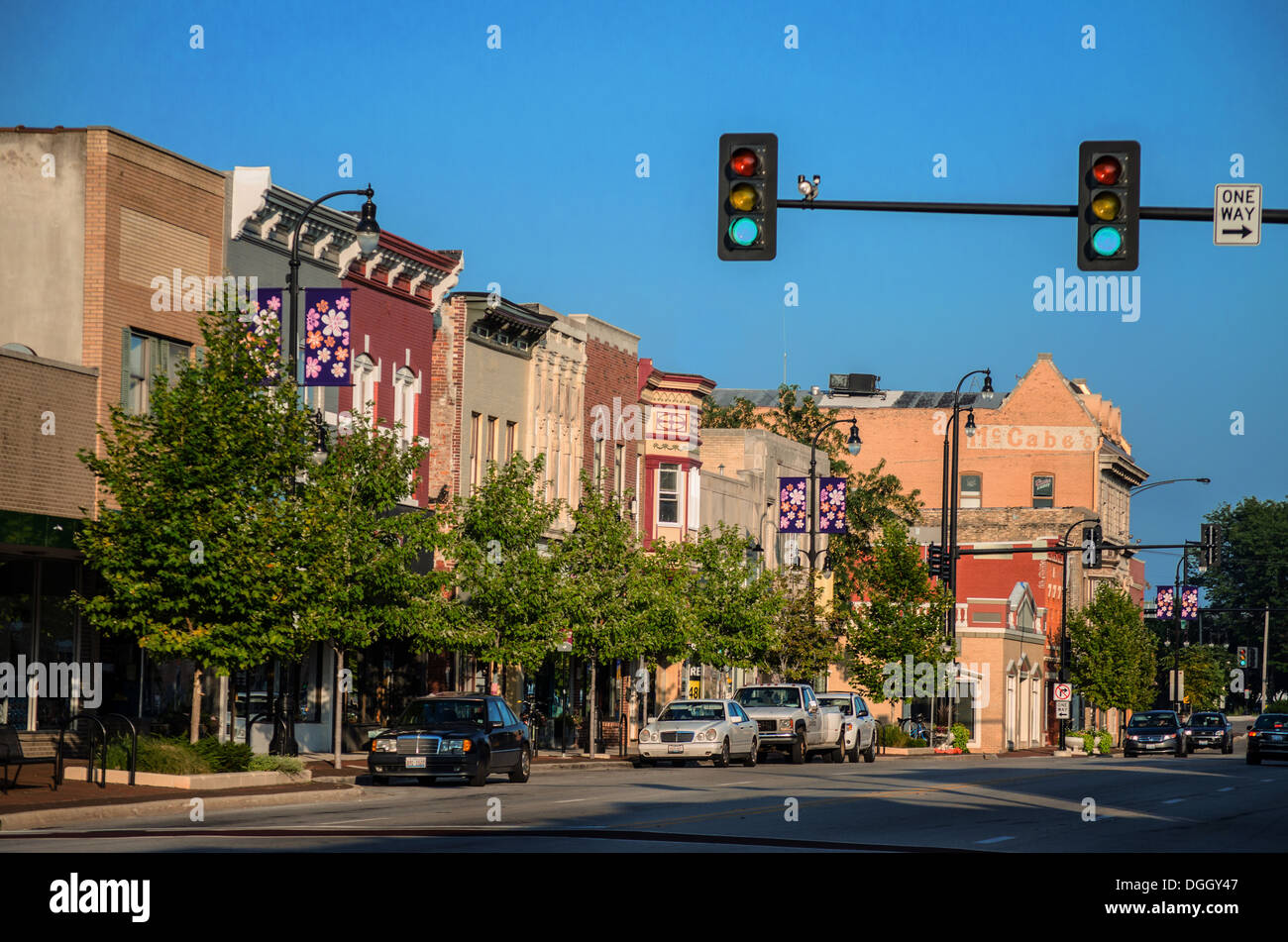 Historische Gebäude in der Innenstadt von DeKalb, Illinois, einer Stadt auf dem Lincoln Highway Stockfoto