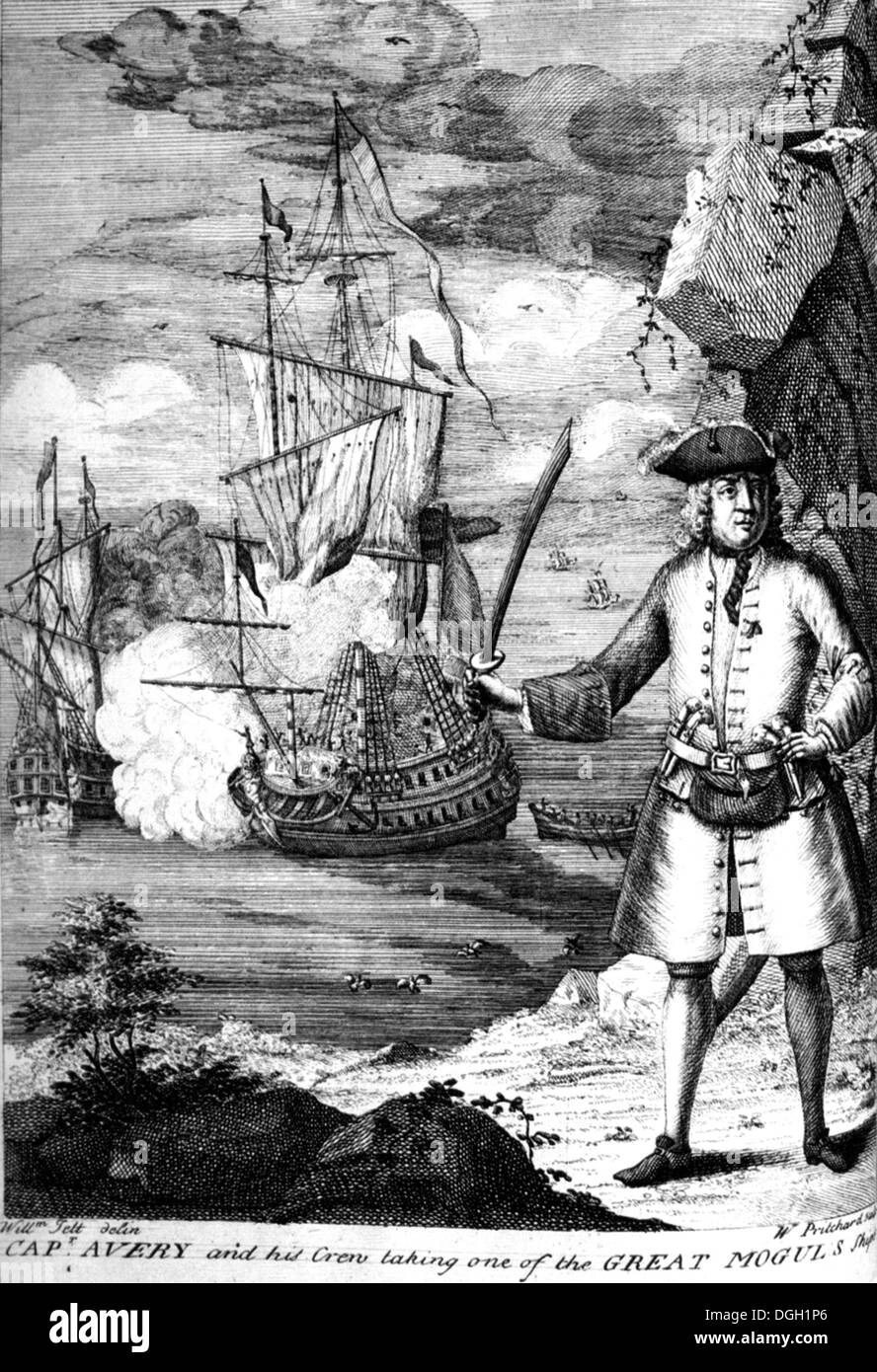 HENRY AVERY (1659-1696?) Englische Piraten unter eines der Großmogul Schiffe in einer Engaving aus dem 18. Jahrhundert Stockfoto