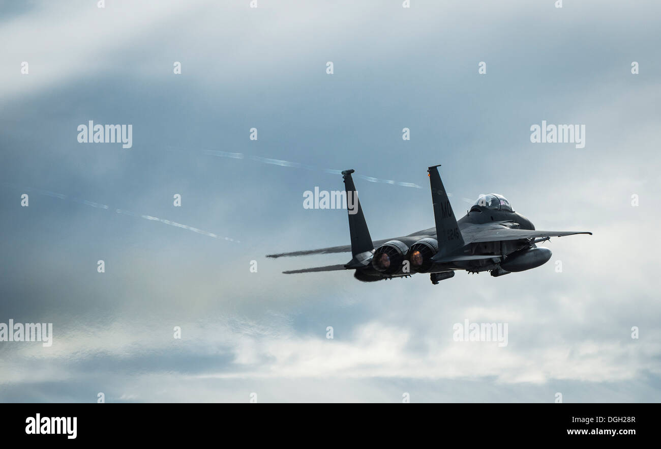 Ein US-Air Force F-15E Strike Eagle zieht in Mountain Home Air Force Base, Idaho, 16. Oktober 2013. Der Flug war Teil des Berges Roundup, eine massive Multi-service, multi-nationalen Bewegung. Stockfoto