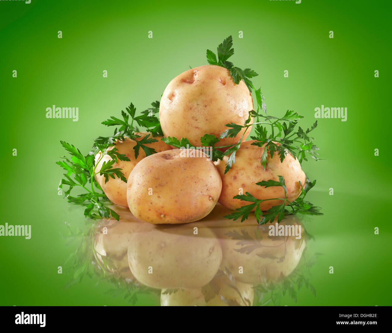 Essen Stilleben von Kartoffeln und Petersilie auf grünem Hintergrund isoliert Stockfoto