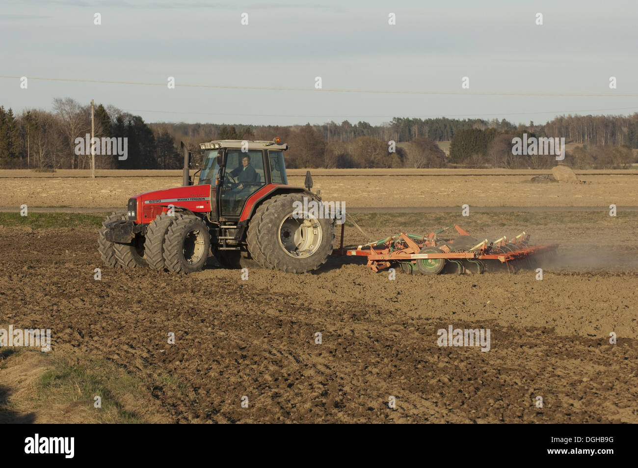 Massey Fergusson 6290 Traktor mit Eggen Eggen Feld Saatbeet, Schweden, kann Stockfoto