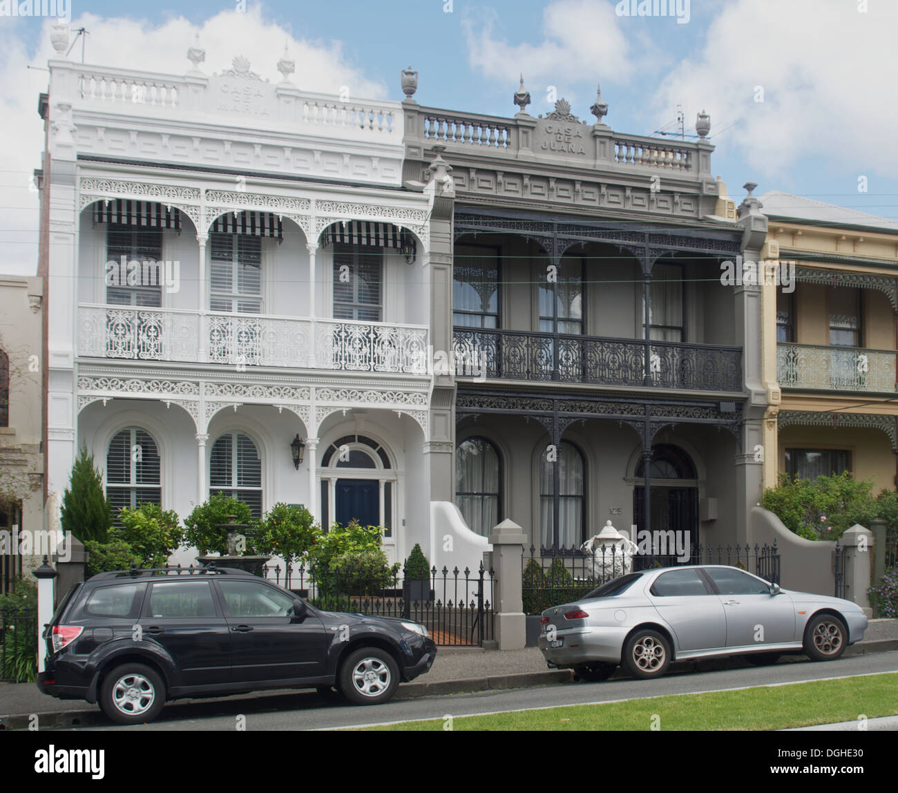 Casa de Maria und Casa de Juana - Erbe-Häuser in East Melbourne. Stockfoto