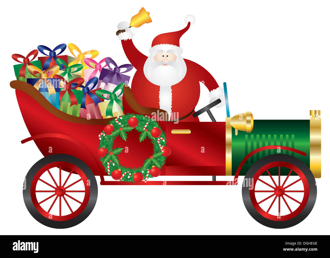 Santa Claus läuten bei der Bereitstellung von Oldtimer verpackt Geschenke isoliert auf weißem Hintergrund Illustration Stockfoto