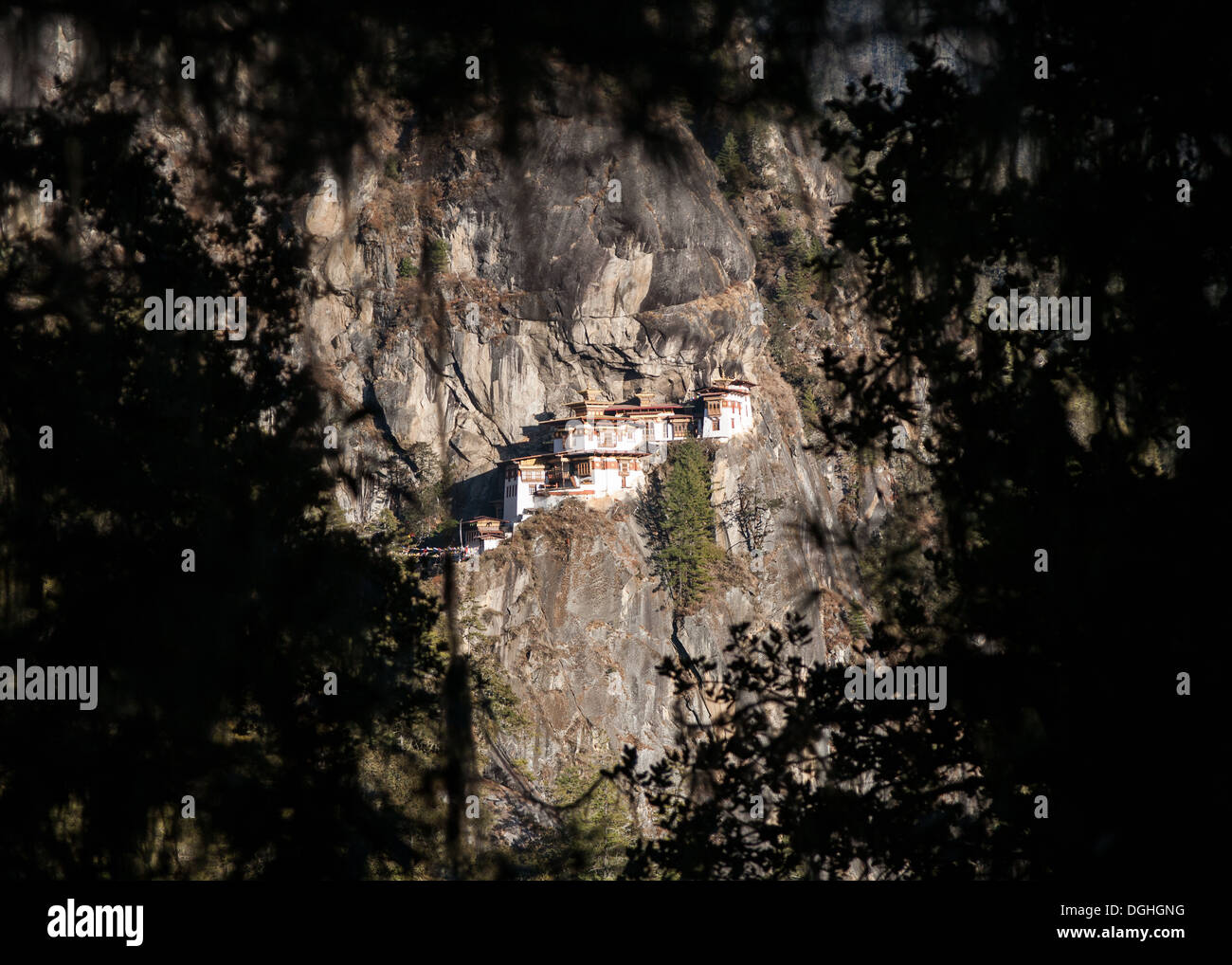 Taktsang Palphug Kloster (Tiger Nest) eingerahmt von Wald Laub Stockfoto