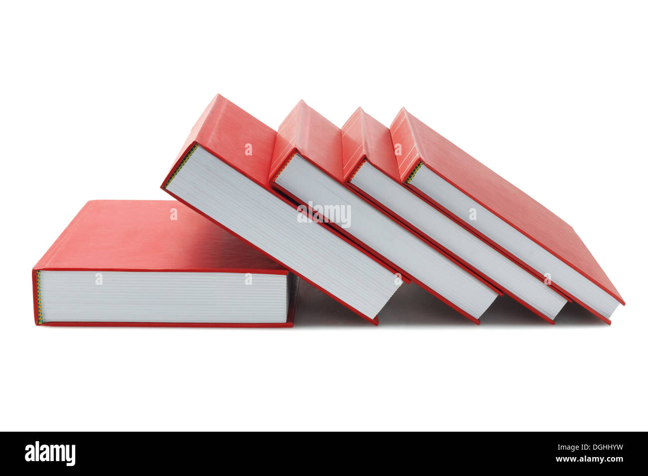 Roten Hardcover Bücher auf weißem Hintergrund Stockfoto