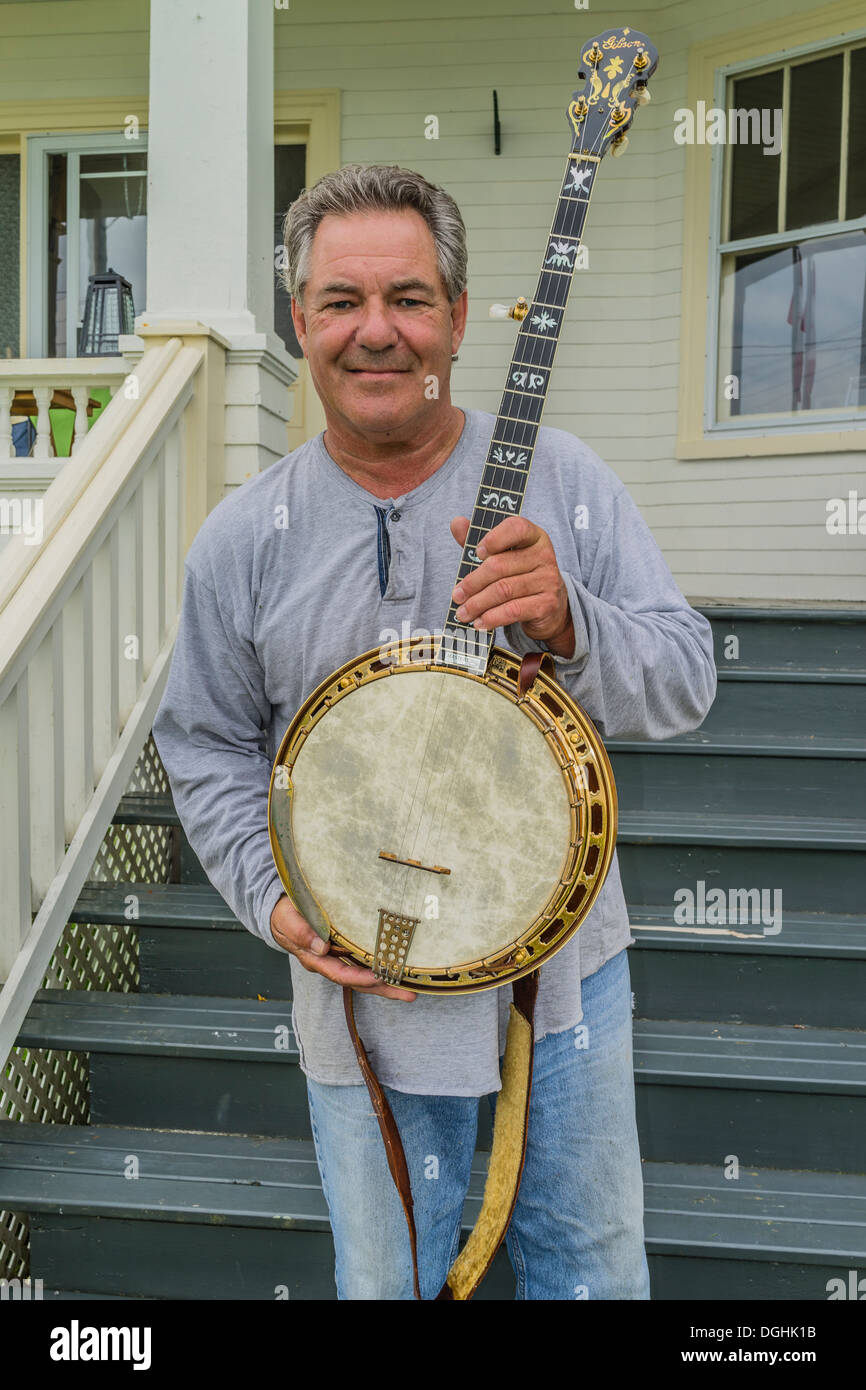 Banjo-Spieler für The East Mountain Boys in Nova Scotia, Maritime Provinz, Kanada. Stockfoto