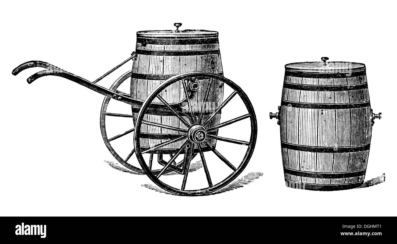 Wasser Wagen und Faß, historische Illustration aus: Theodor Lange, allgemeine illustrierte Garten-Buch, Band 2, Leipzig 1902 Stockfoto