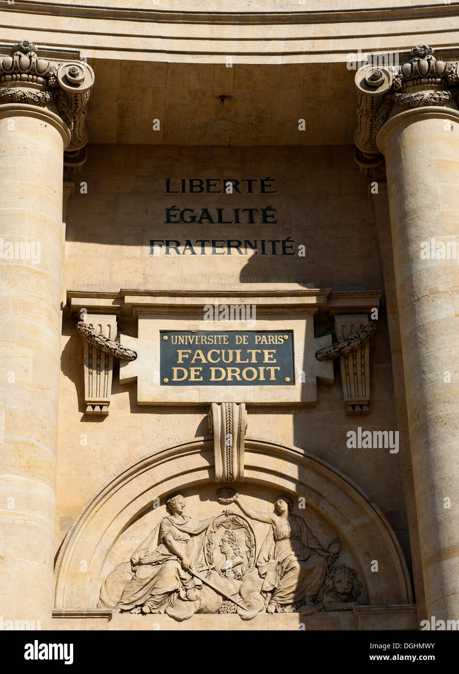 Universität Paris, Faculty of Law, Place du Panthéon, Inschrift Liberté, Egalité, Fraternité, Freiheit, Gleichheit Stockfoto