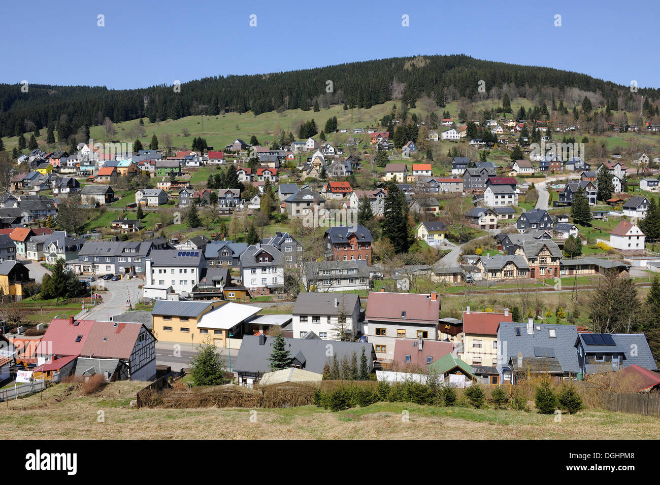 Stadtbild von Manebach, Thüringer Wald, Manebach, Thüringen, Deutschland Stockfoto