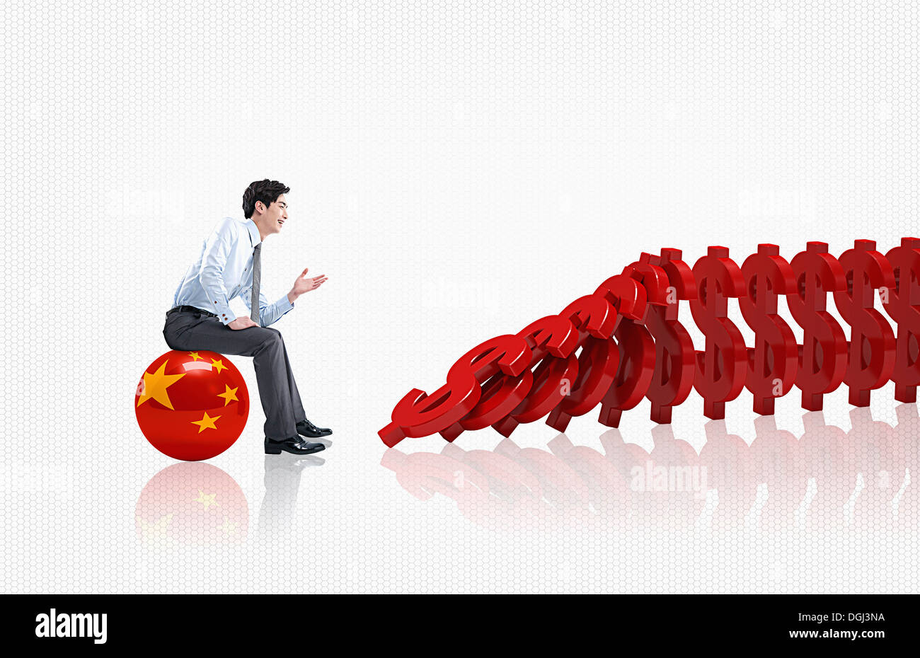 ein Business-Mann sitzt auf einem Ball vor Dollarzeichen Stockfoto