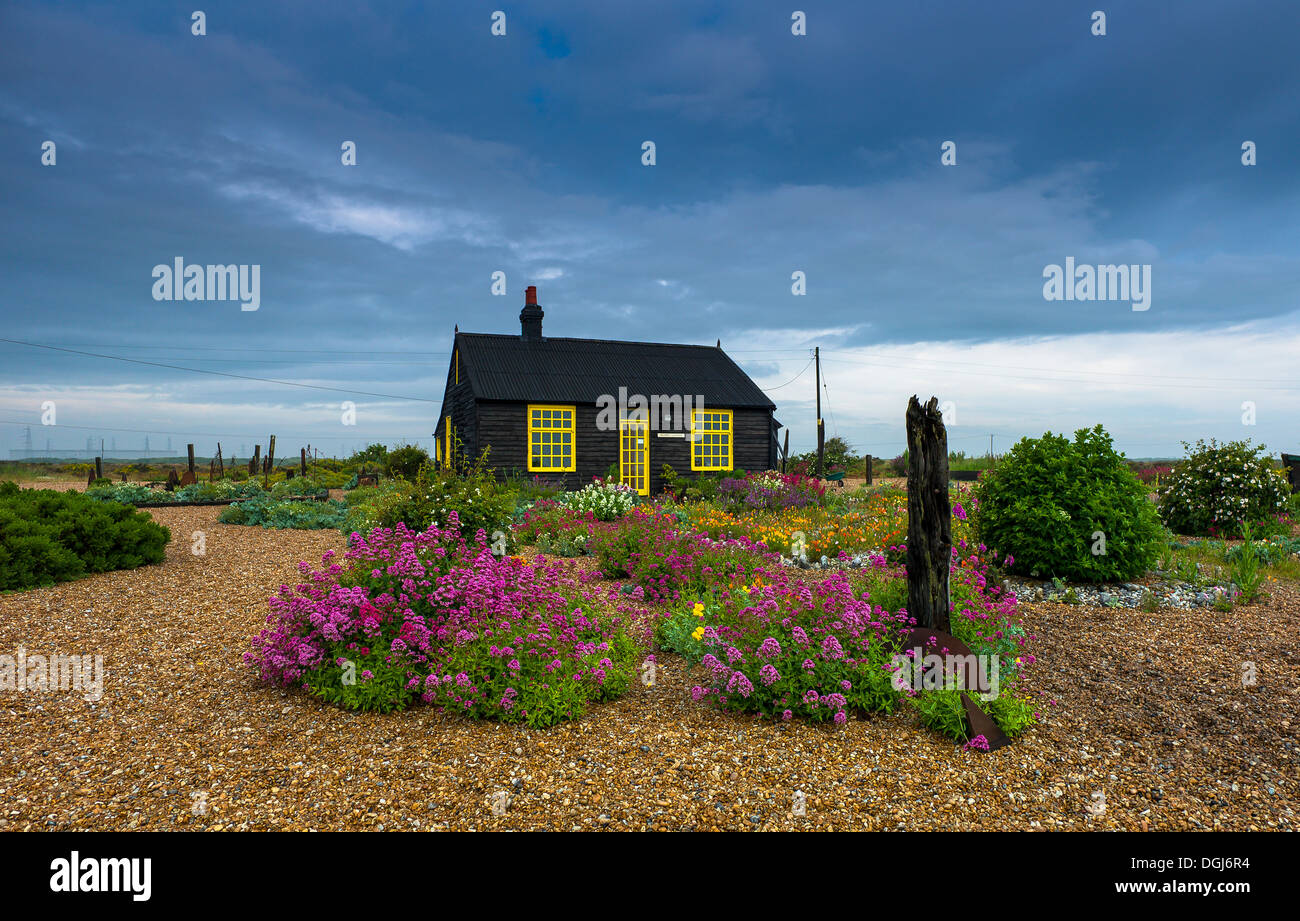 Die Hütte von der späten Derek Jarman am Strand von Dungeness. Stockfoto