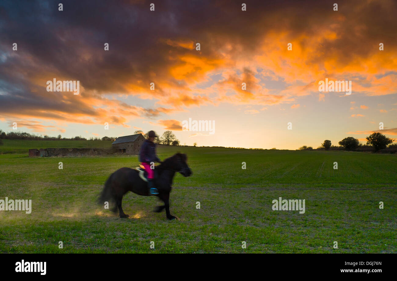 Eine Reiterin macht das Beste aus einen schönen Abend zu überstehen. Stockfoto