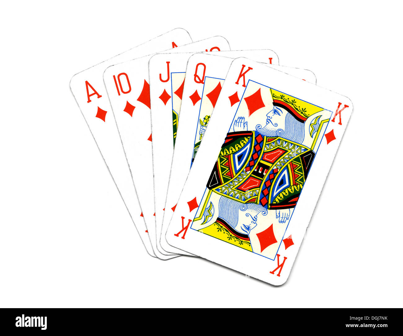 Spielkarten als Royal Flush in Diamanten angelegt Stockfoto