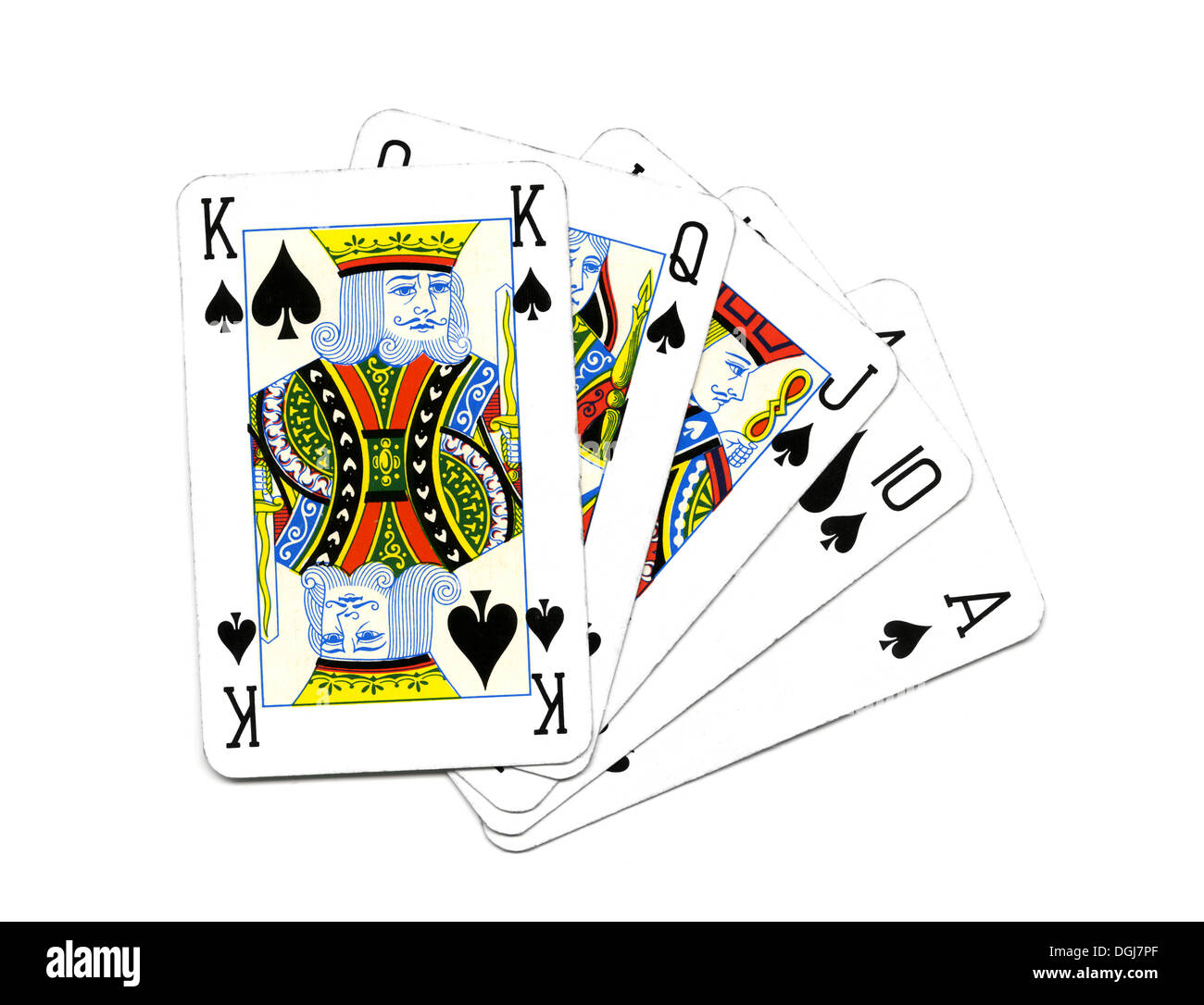 Spielkarten als Royal Flush in Pik angeordnet Stockfoto