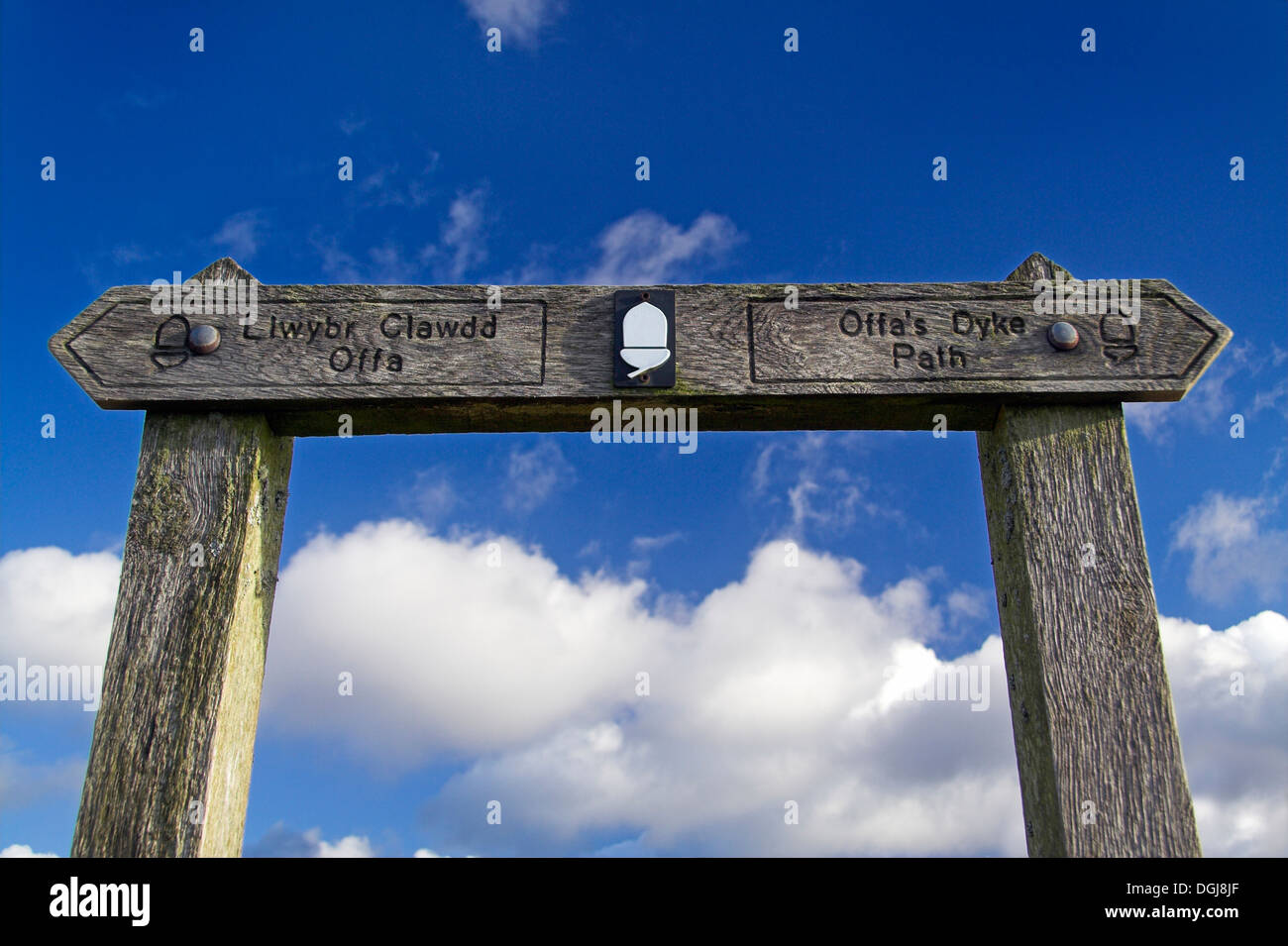 Offa es Dyke Weg Zeichen geschrieben in England und Wales. Stockfoto