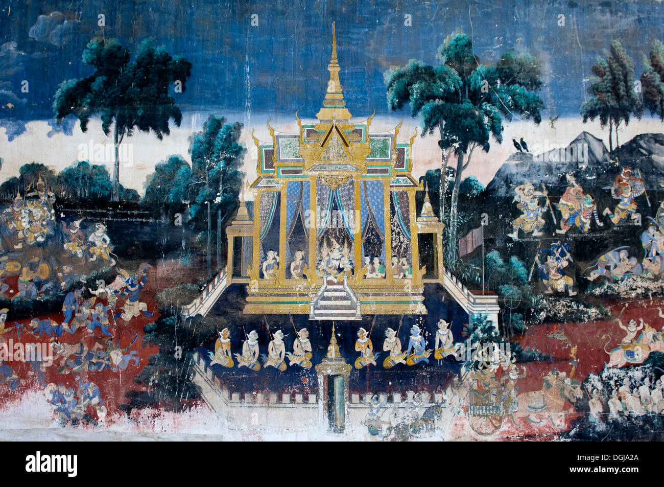 Wandgemälde mit Szenen aus der Khmer Version oder Reamker Version des klassischen indischen Ramayana-Epos in der überdachten Galerie der Stockfoto