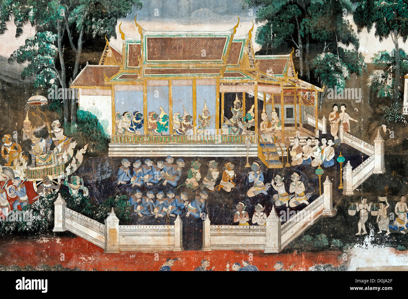 Wandgemälde mit Szenen aus der Khmer Version oder Reamker Version des klassischen indischen Ramayana-Epos in der überdachten Galerie der Stockfoto