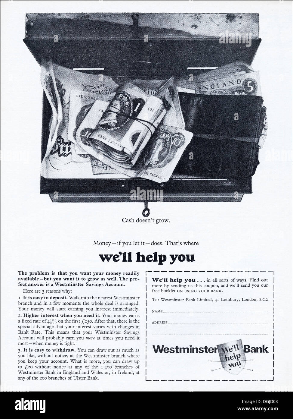 Werbung Werbung WESTMINSTER BANK Magazin Anzeige ca. 1968 Stockfoto