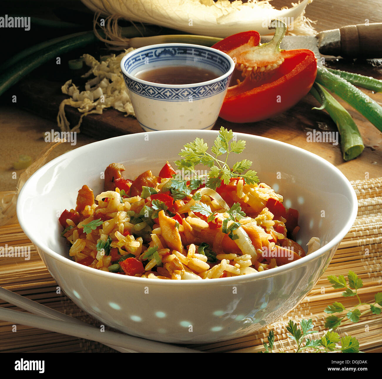 Gebratener Reis mit Huhn, China. Stockfoto