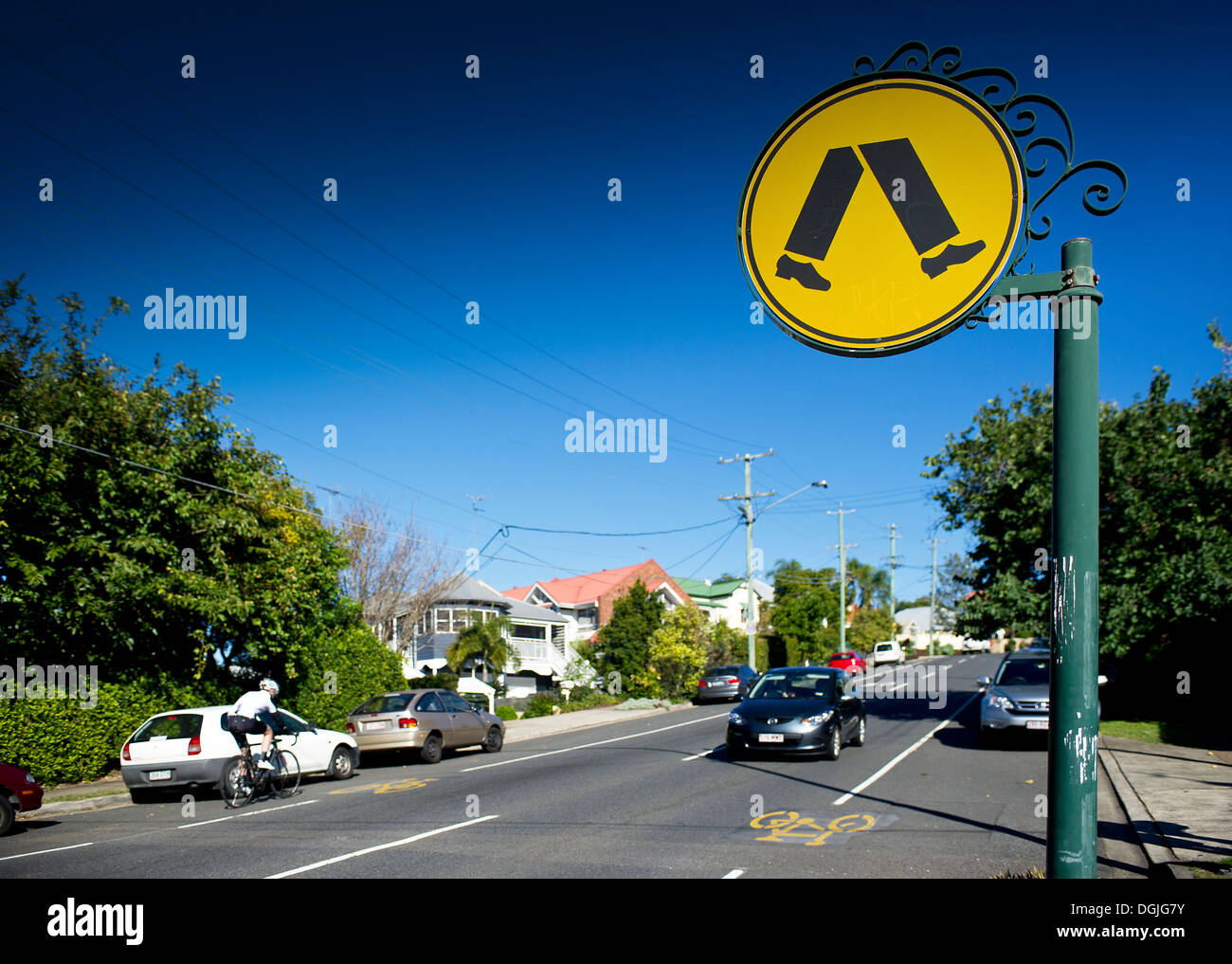Ein Zeichen für einen Fußgängerüberweg in Brisbane in Queensland. Stockfoto