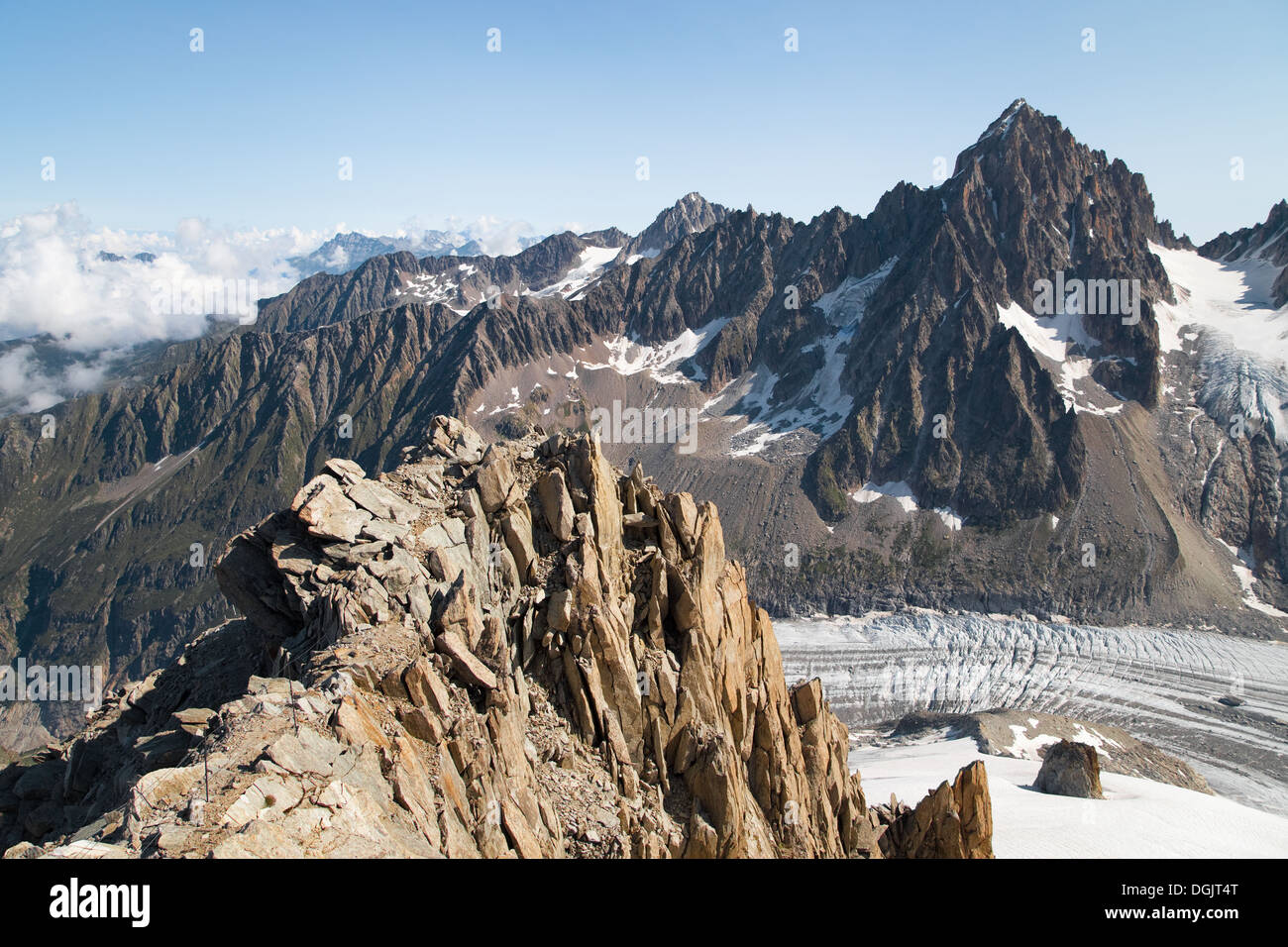 Argentiere Gletscher von Grands Montets, Haute-Savoie, Frankreich. Stockfoto