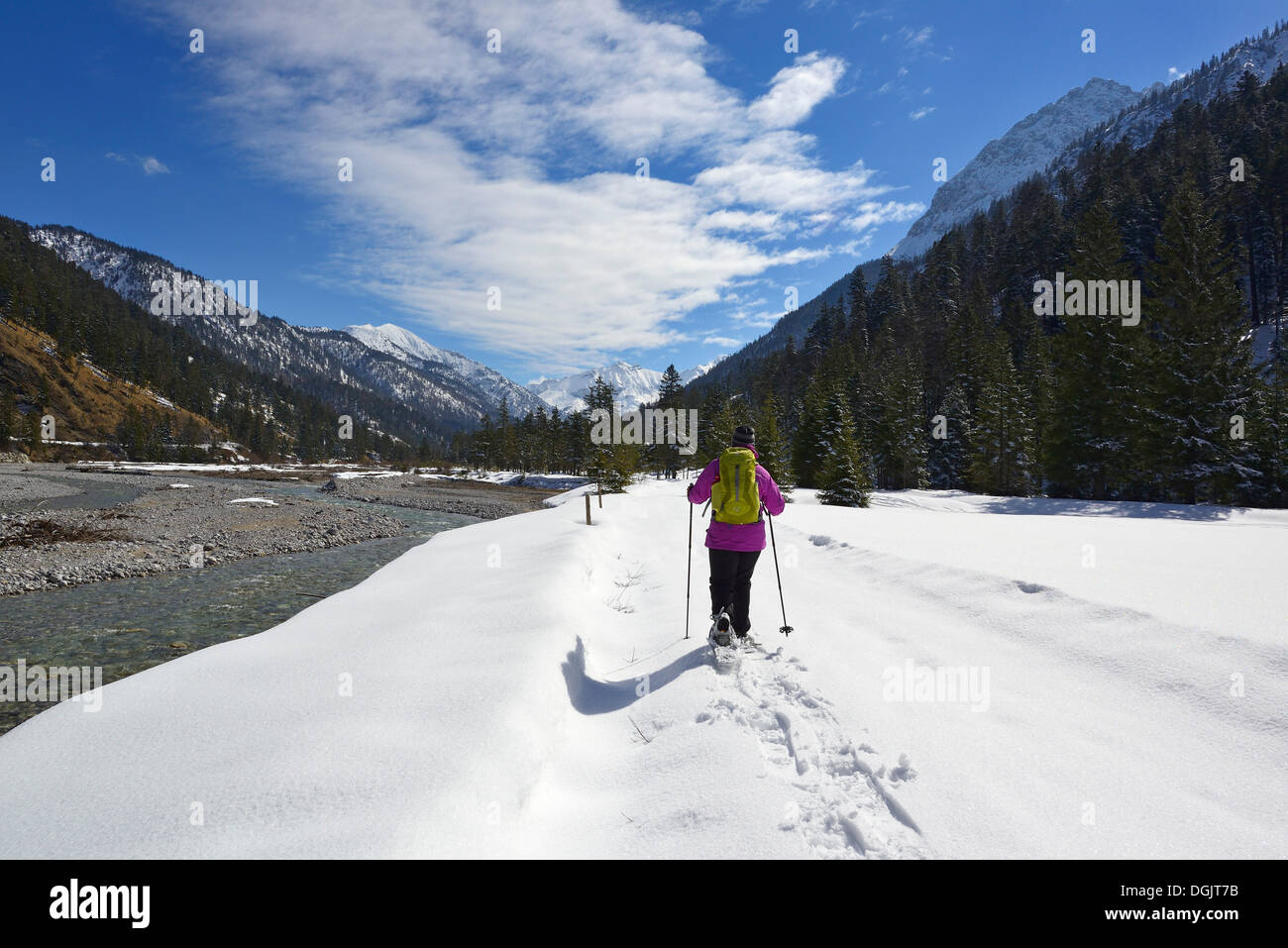 Schneeschuhwanderer am Rissbach Bach, Risstal, Rissbachtal, Karwendelgebirge, Tirol, Österreich Stockfoto