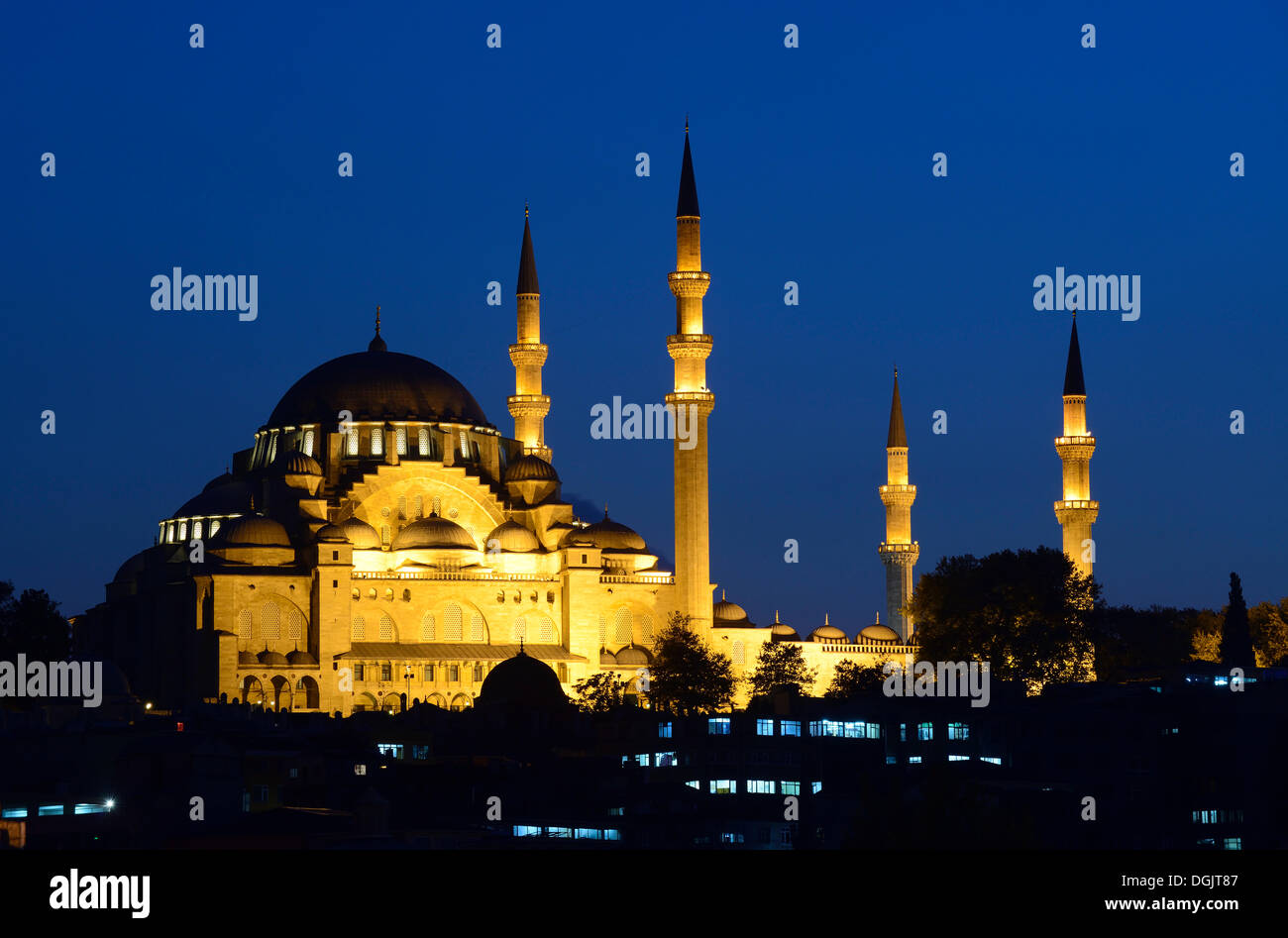Sueleymaniye Moschee in der Nacht, Eminönü, Istanbul, europäische Seite, Provinz Istanbul, Türkei, europäische Seite Stockfoto