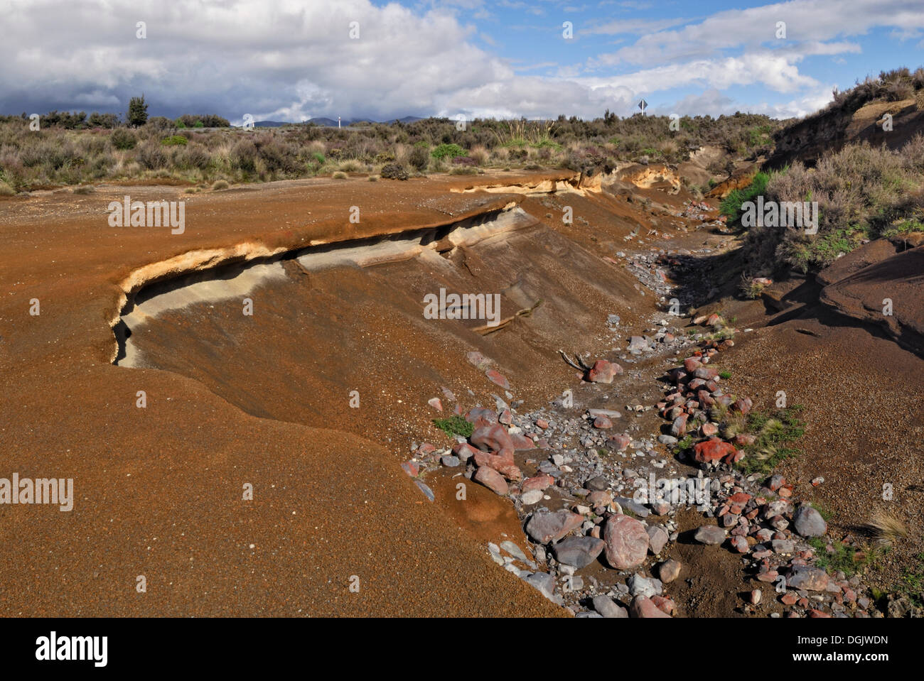 Trockene Bachbett in der vulkanischen Region des Mount Ruapehu, Tongariro Nationalpark, ein UNESCO-Weltkulturerbe, in der Nähe von Waiouru Stockfoto