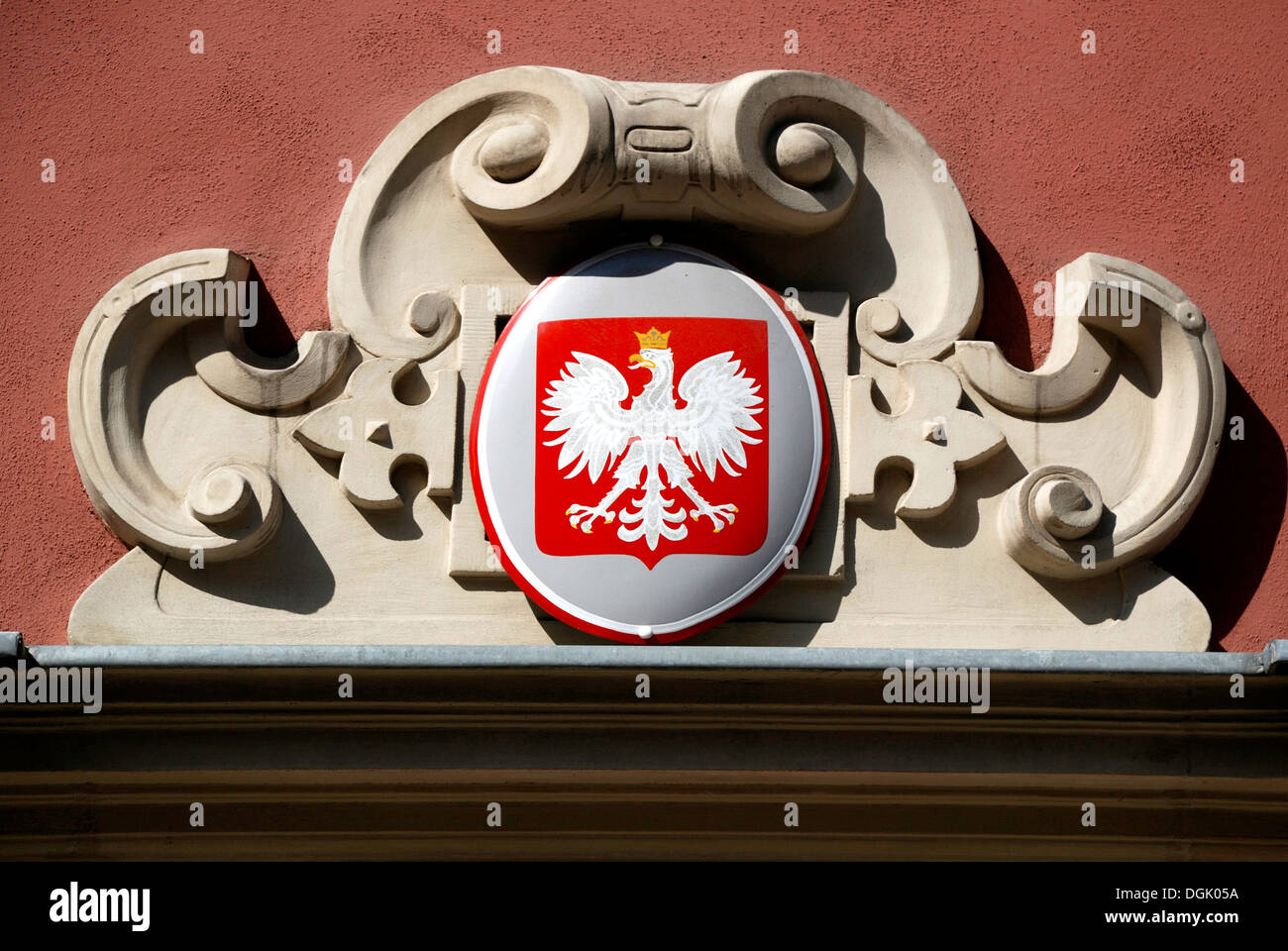 Wappen von Polen am Rathaus von Danzig. Stockfoto