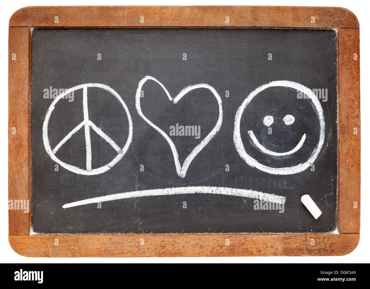 Frieden, Liebe und Glück Symbole - weiße Kreide Skizzieren auf einer Vintage Schiefer Tafel Stockfoto