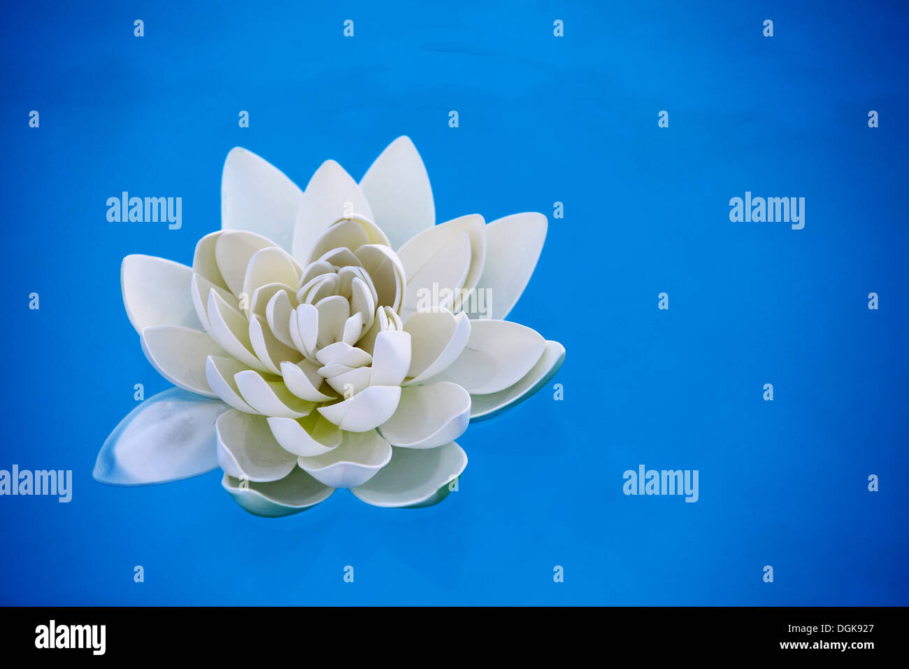 Eine künstliche Seerose auf dem blauen Wasser schwimmt Stockfoto