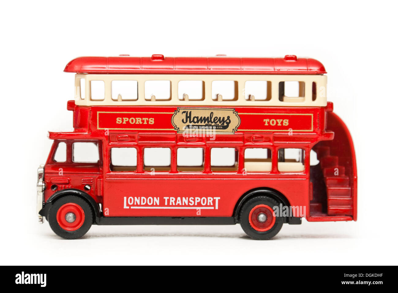 Streichholzschachtel Diecast Nachbildung des London Transport-Doppeldecker-Bus mit Werbung auf der Seite für Hamleys-Spielzeug-Shop Stockfoto
