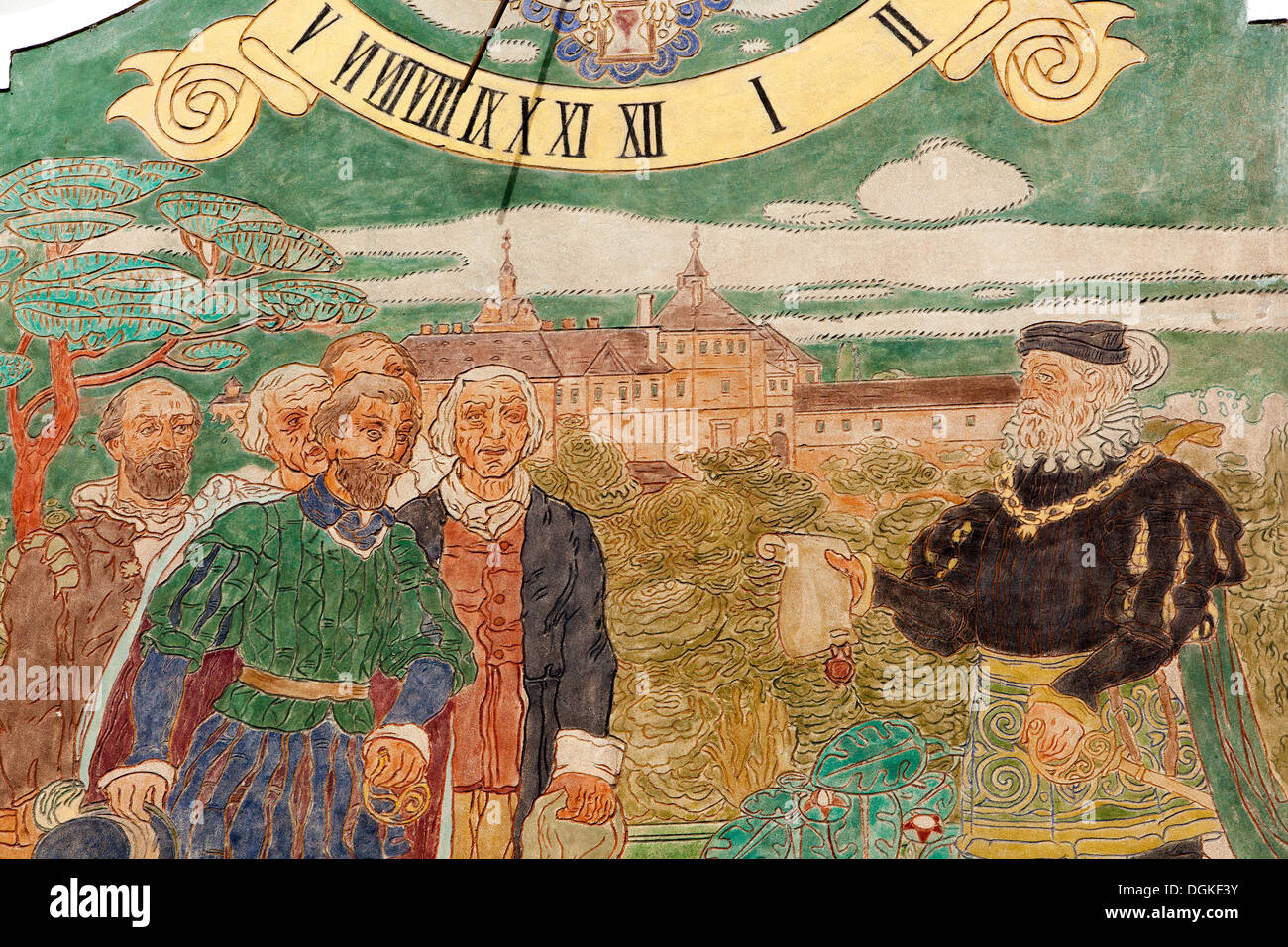 Der Blick auf Kaiser Rudolf II. An der Wand des Rathauses, Brandys nad Labem, Tschechische Republik Sonnenuhr Stockfoto